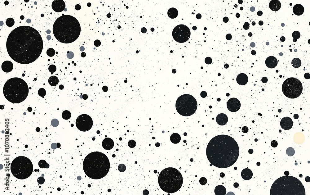 Poster abstract artwork featuring a multitude of black circles of varying sizes scattered across a light ba