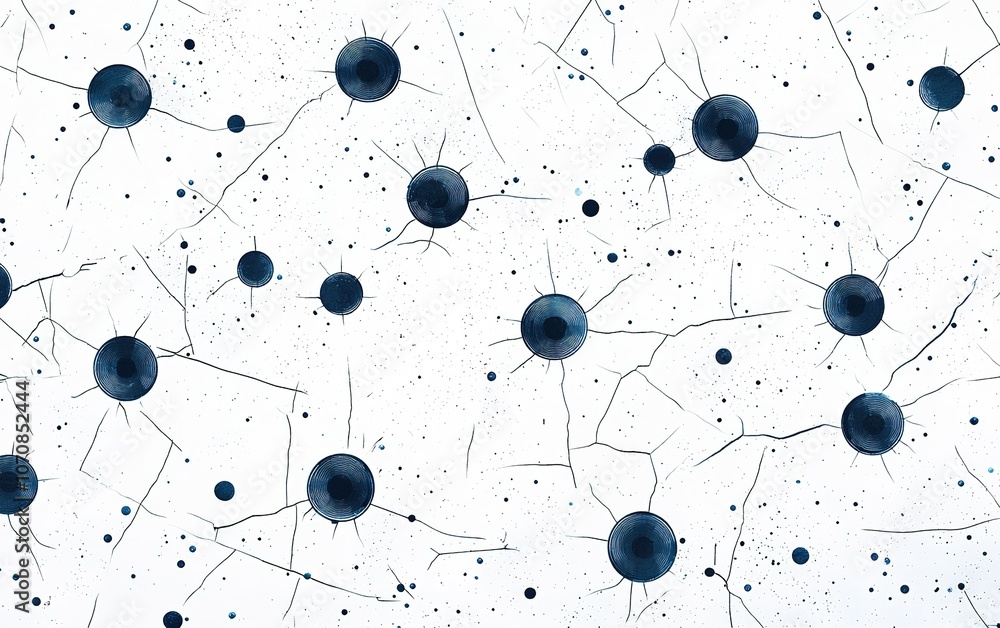 Poster abstract artwork depicting interconnected spheres and lines on a white background, creating a sense 