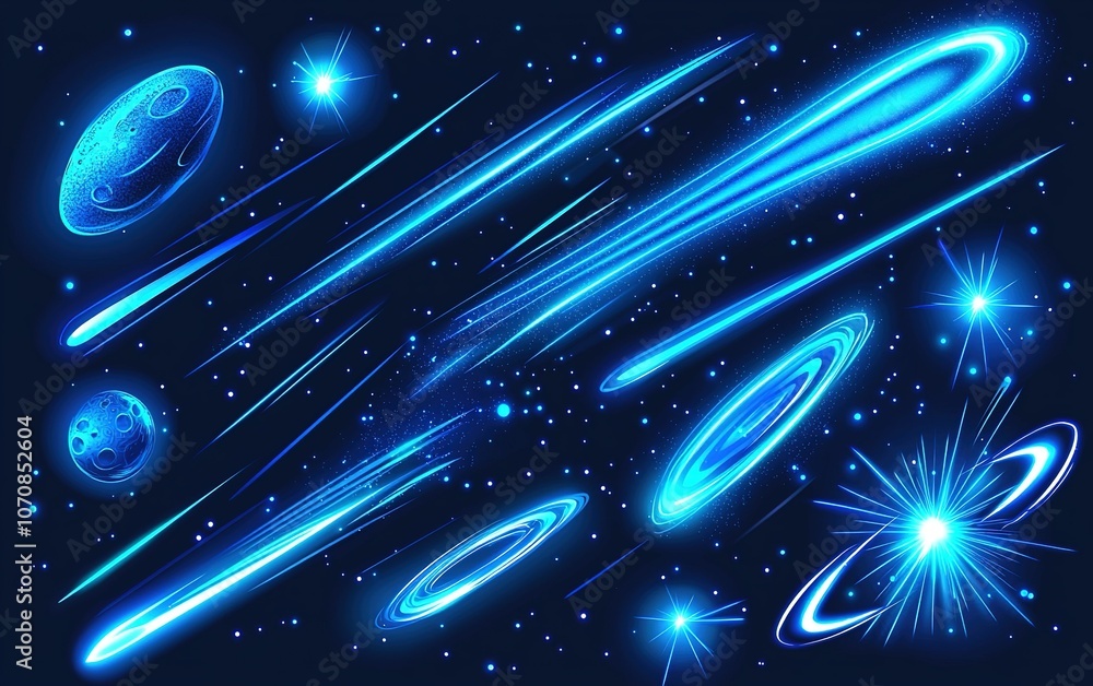 Aufkleber a vibrant depiction of cosmic objects and phenomena in a deep blue space setting with glowing stars 