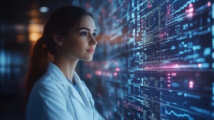 Naklejka premium Holographic AI nurse analyzing health data in a smart home environment at night