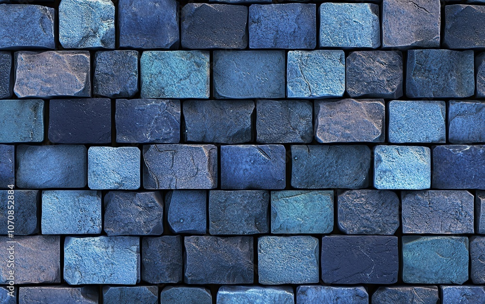 Poster blue textured bricks arranged in a geometric pattern on a wall in an urban setting during daylight h