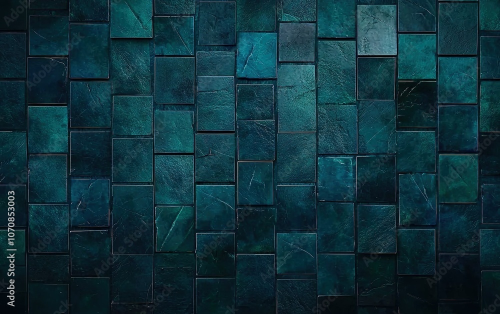 Poster textured blue tiles arranged in a modern geometric pattern, creating a striking backdrop in an indoo
