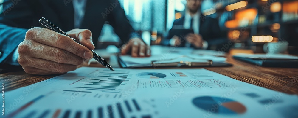 Poster businessman analyzing financial charts and graphs with a pen