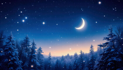 Naklejka premium A nighttime, snowy winter landscape featuring a forest with tall trees and distant mountain peaks. The scene is illuminated by the soft glow of moonlight, adding a serene, magical ambiance.