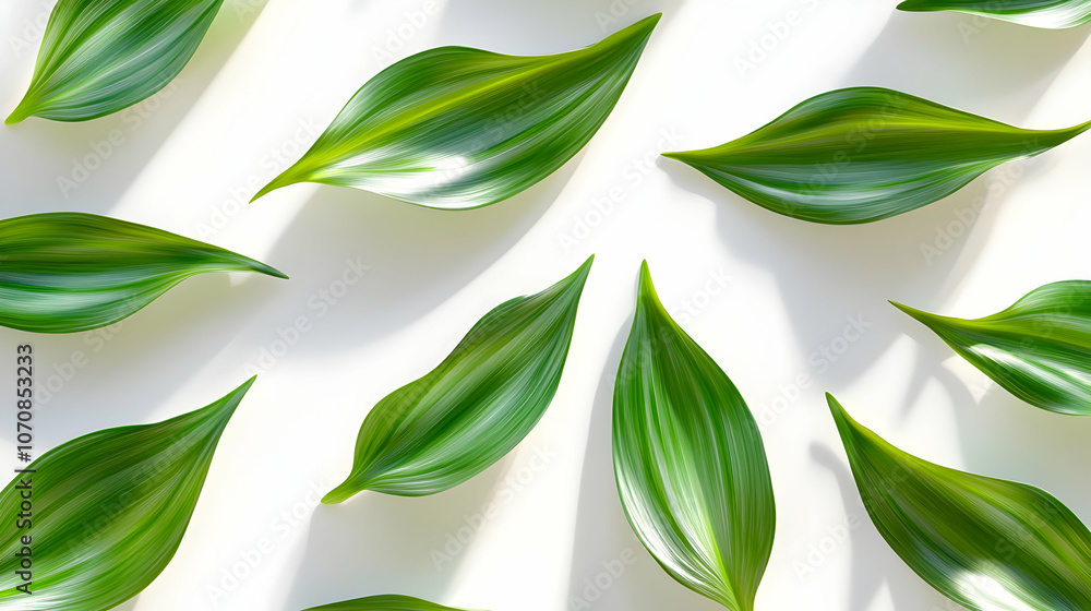 Wall mural a pattern of green leaves with shadow on white background.