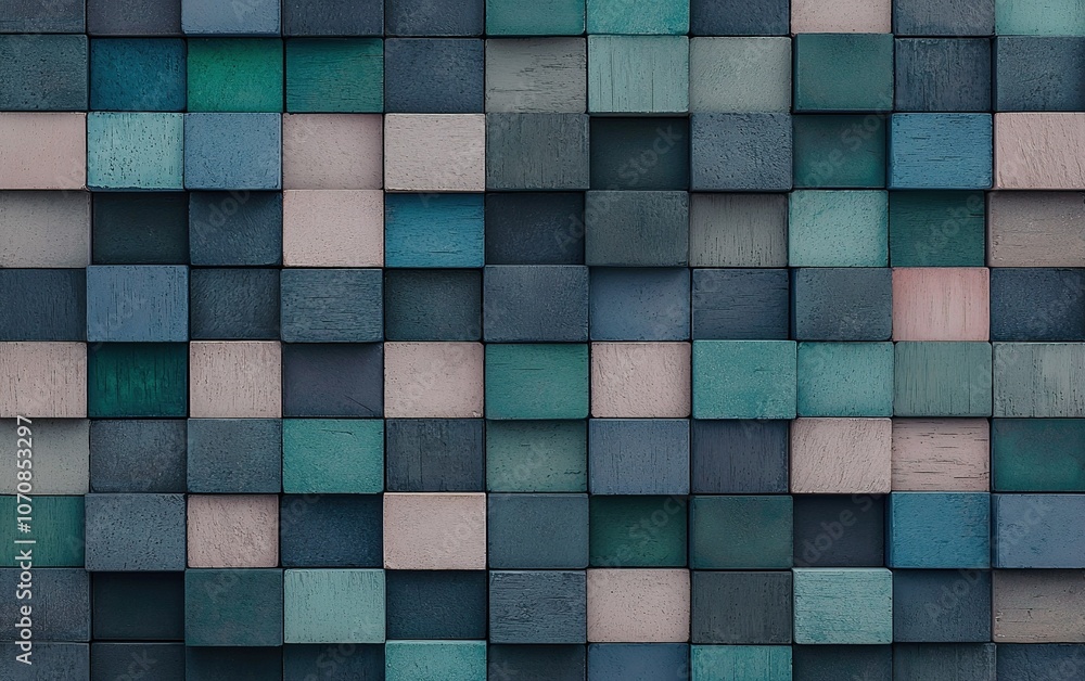Poster intricately arranged colorful wooden blocks create a patterned wall art display