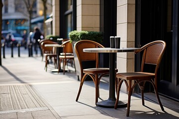 Obraz premium Charming street corner cafe with sidewalk tables and chairs against blurred city silhouettes