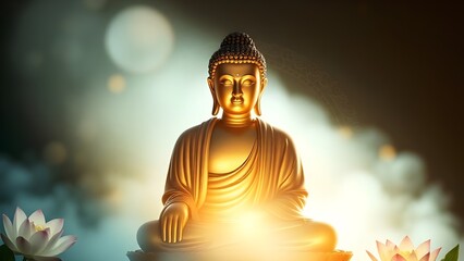 Obraz premium Golden Buddha Statue Serenity Peaceful Meditation Illuminated Lotus Flowers Tranquility Spirituality Harmony Reflection