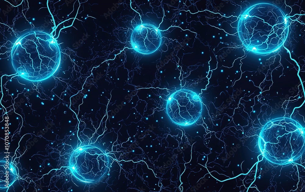 Poster electrifying blue spheres with glowing energy tendrils in a dark cosmic background create a mesmeriz
