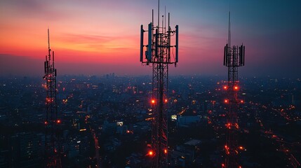 Three tall cell phone towers are lit up at night
