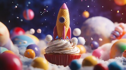 A vibrant cupcake topped with a playful rocket sits amidst a cosmic backdrop filled with colorful planets and candy, creating a delightful atmosphere