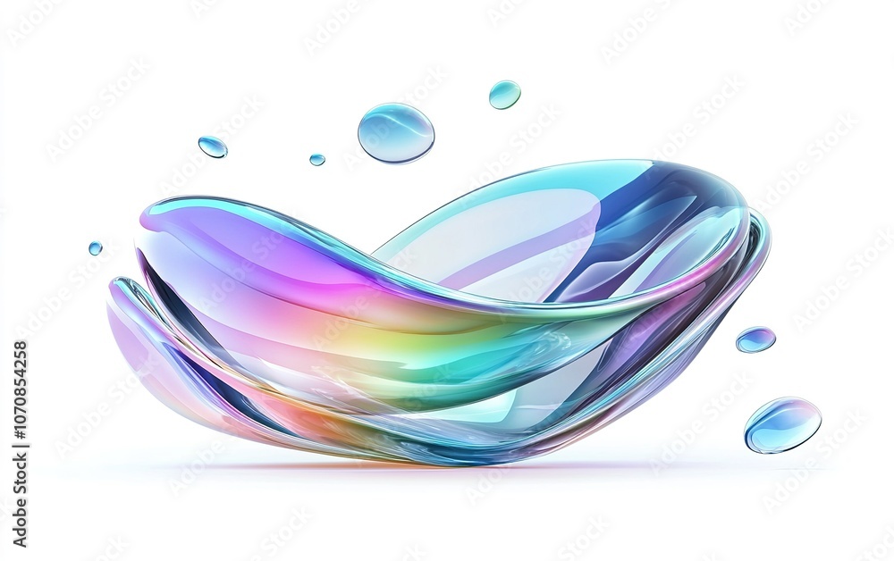 Poster colorful fluid shapes with droplets in an abstract design showcasing smooth curves and reflective su