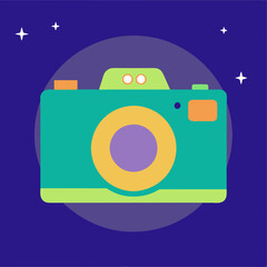 A green and yellow camera with a purple circle on the front. The camera is surrounded by stars and the background is blue