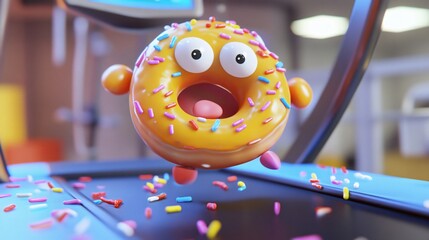 An animated donut adorned with bright sprinkles joyfully hops on a treadmill, surrounded by colorful candies, in a lively gym atmosphere