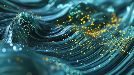 A beautiful abstract image showcasing flowing waves in blue shades, interspersed with vibrant dots of yellow and white. The design creates a sense of movement and depth.