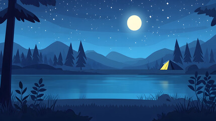 Fototapeta premium A peaceful night scene with a tent by a lake under a starry sky.