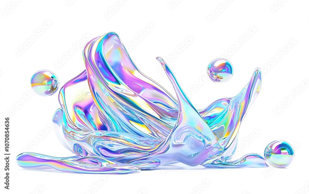 Poster a mesmerizing display of colorful liquid plastic splashes on a white background with floating bubble