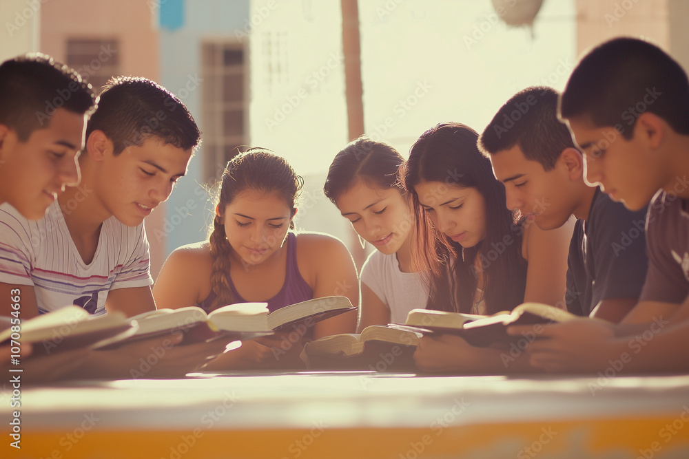 Wall mural Group of Latin Teenagers Studying the Bible Outdoors in a Joyful Setting