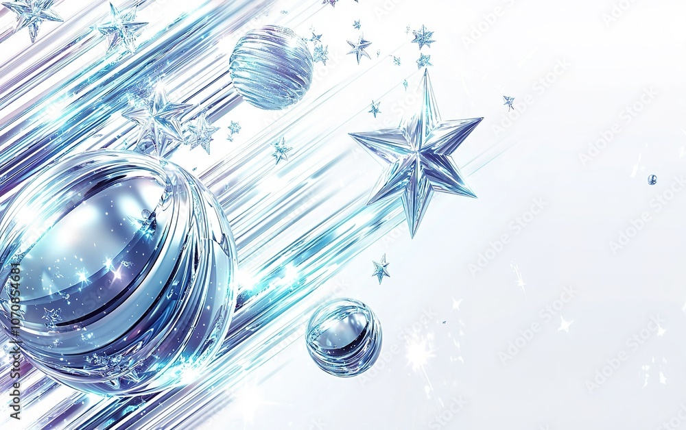 Poster shimmering orbs and stars create a celestial background with light trails in a cosmic setting