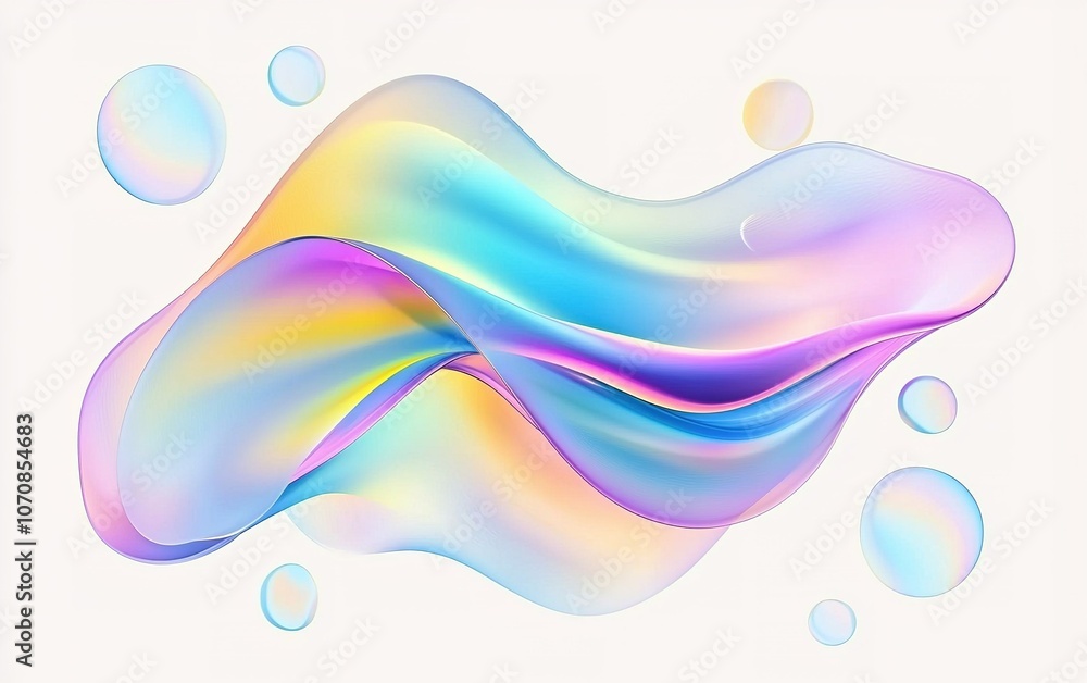 Poster colorful abstract waves flow gracefully with soft bubbles in a tranquil pastel palette on a light ba