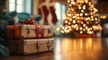 Two wooden suitcases with red ribbons on them