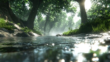 Fototapeta premium A clear stream flows through a misty forest.