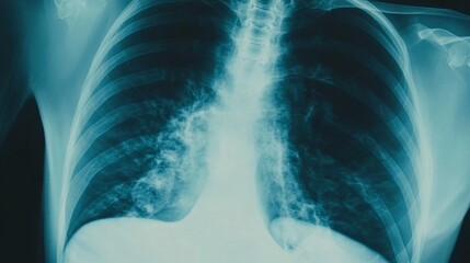 Medical chest X-ray image showing detailed anatomy of lungs and heart, essential diagnostic tool for detecting respiratory and cardiovascular conditions.
