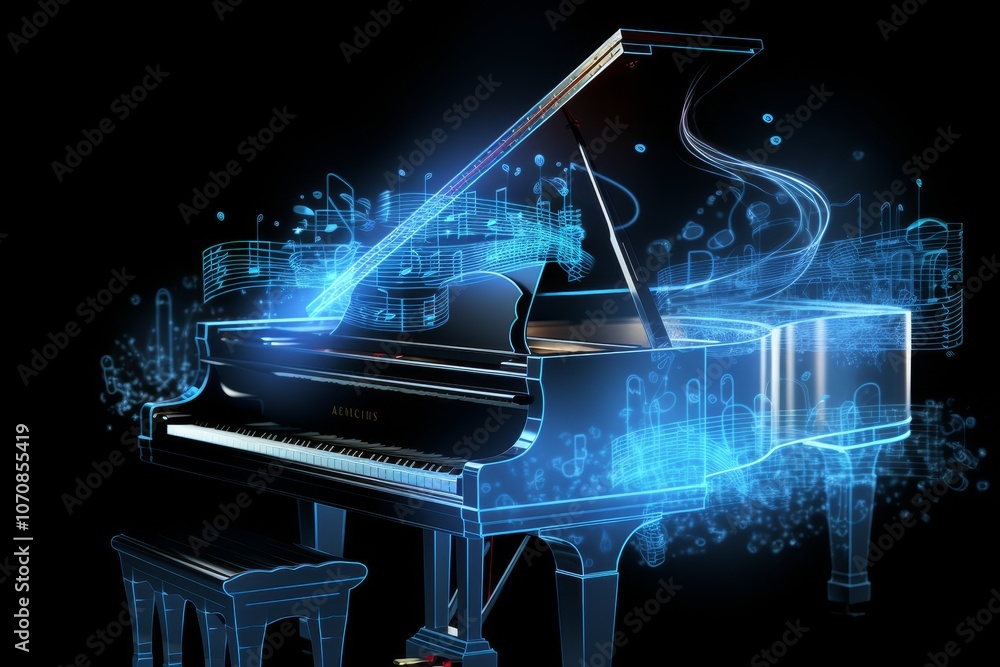 Aufkleber vibrant light trails shaping musical notes emanating from a piano instrument in a dynamic display