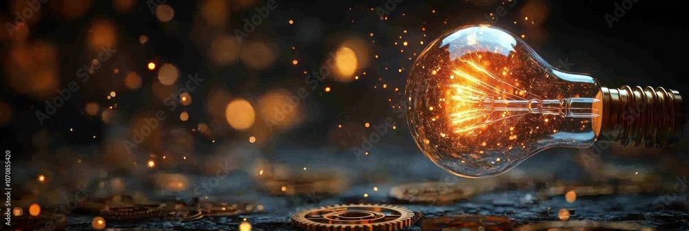 Poster a glowing light bulb with sparks and gears in a dark background