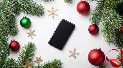 Wireless charger on a white background, adorned with New Year decor. Ideal for practical and modern holiday gift suggestions.