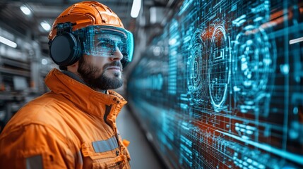 Obraz premium AI-driven holographic supervisors assist workers in a modern industrial facility