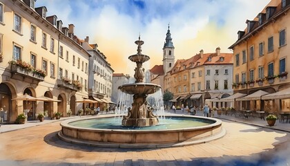 Naklejka premium Charming city square with fountain and architecture, vibrant watercolor illustration 
