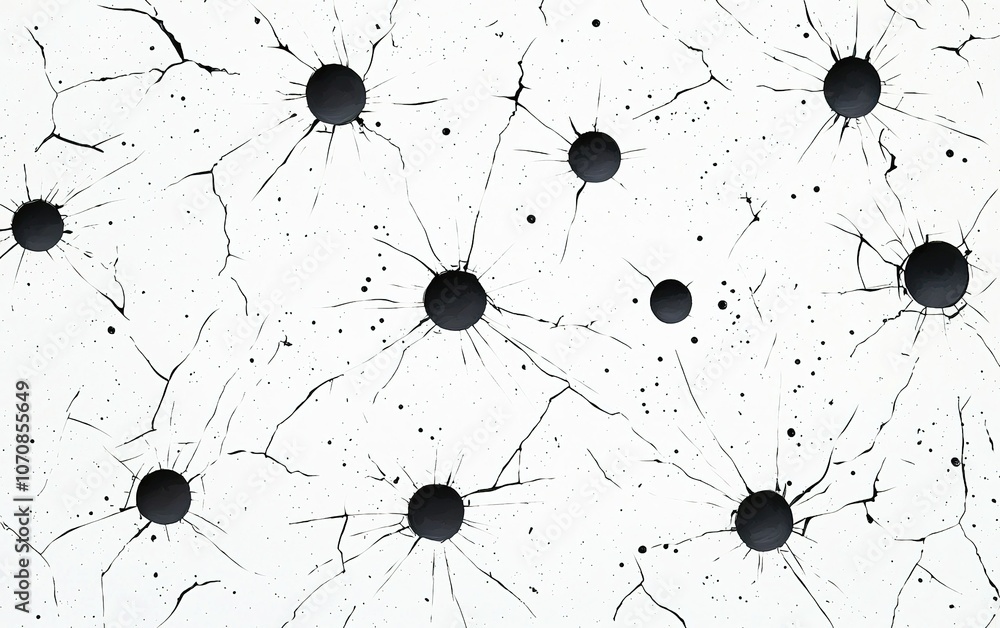Poster abstract pattern of black circles on a white surface resembling cells or particles with uneven crack