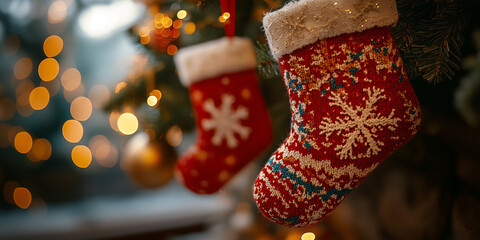 Knitted Christmas Stockings with Snowflake Patterns and Bokeh Lights
