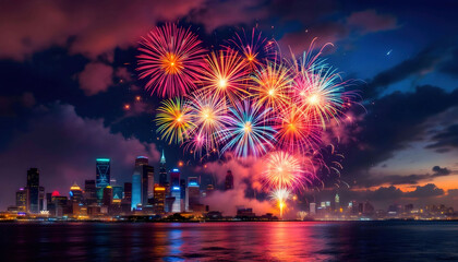 Spectacular New Year’s Eve fireworks lighting up the sky over a city skyline, marking the celebration of the new year.