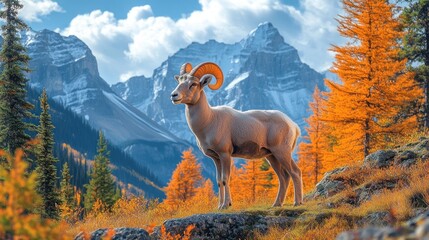 Obraz premium A majestic bighorn sheep stands proudly amidst a backdrop of towering snow-capped mountains and vibrant fall foliage.