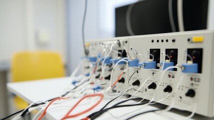 Advanced neurological testing equipment in clinical setting. Precision tools for brain function assessment, medical diagnostics, and patient care.
