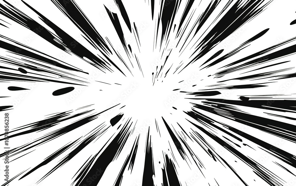 Poster dynamic black and white explosion graphic with radial lines showcasing energy and movement on a plai