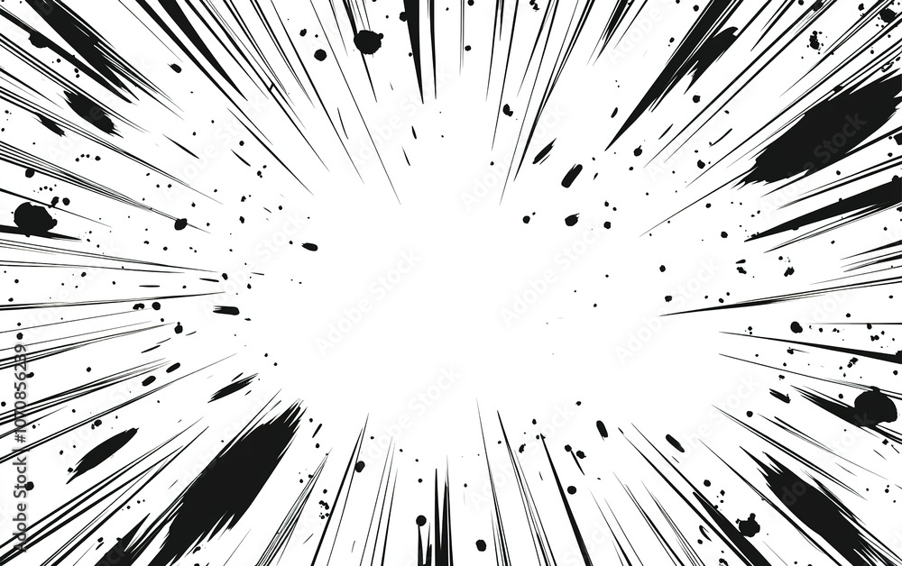 Poster dynamic black and white explosion graphic with radiating lines and splatter effects in an abstract d