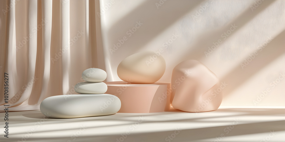 Poster serene stones and soft light: abstract 3d render of smooth stones and organic shapes bathed in soft,