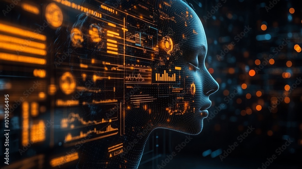 Poster a minimalist ai head showcases dynamic floating graphs in a futuristic digital environment