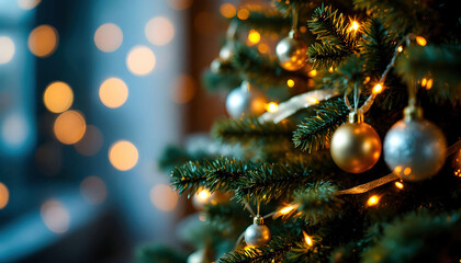 A beautifully lit Christmas tree with ornaments and baubles, providing a perfect spot for personalized text or holiday messages.