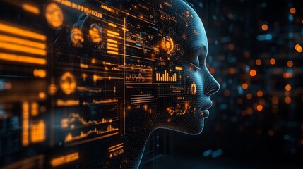 A minimalist AI head showcases dynamic floating graphs in a futuristic digital environment