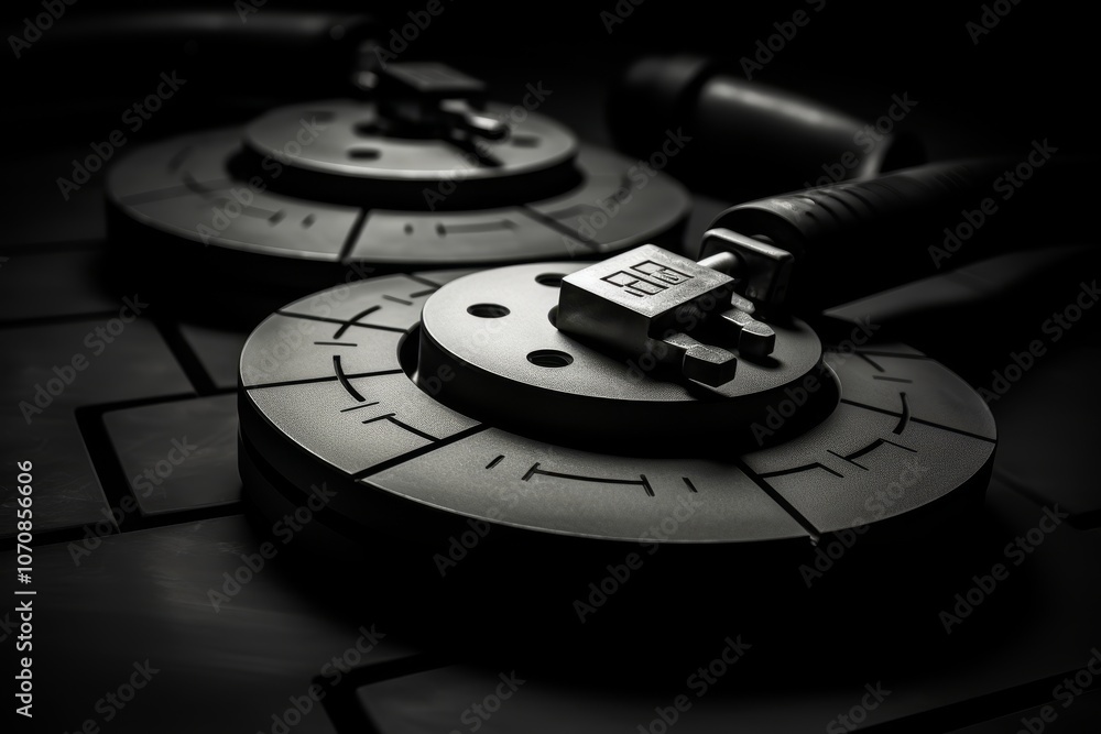 Poster close up view of brake pads showcasing dark graphite material and matte black color scheme