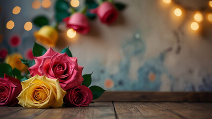 Obraz premium The roses bloom in a mix of rich reds, pinks, and oranges, their petals delicate and lush. The banner billows gently, displaying intricate embroidery in gold and silver threads 