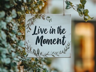 "Live in the Moment" text on a sign with a plant background