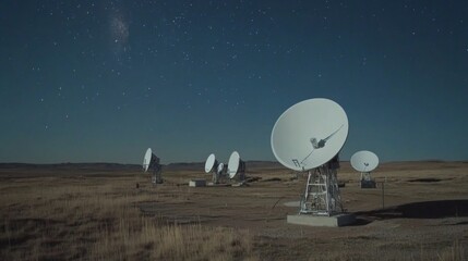 Earth receiving station in a remote desert location, where satellite signals are decoded and transmitted to control centers. The scene symbolizes global connectivity and the seamless flow of informati