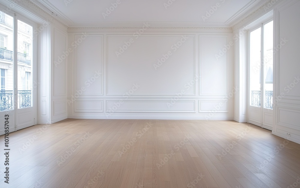 Poster bright and spacious empty room with wooden floor and large windows in a modern building during dayli