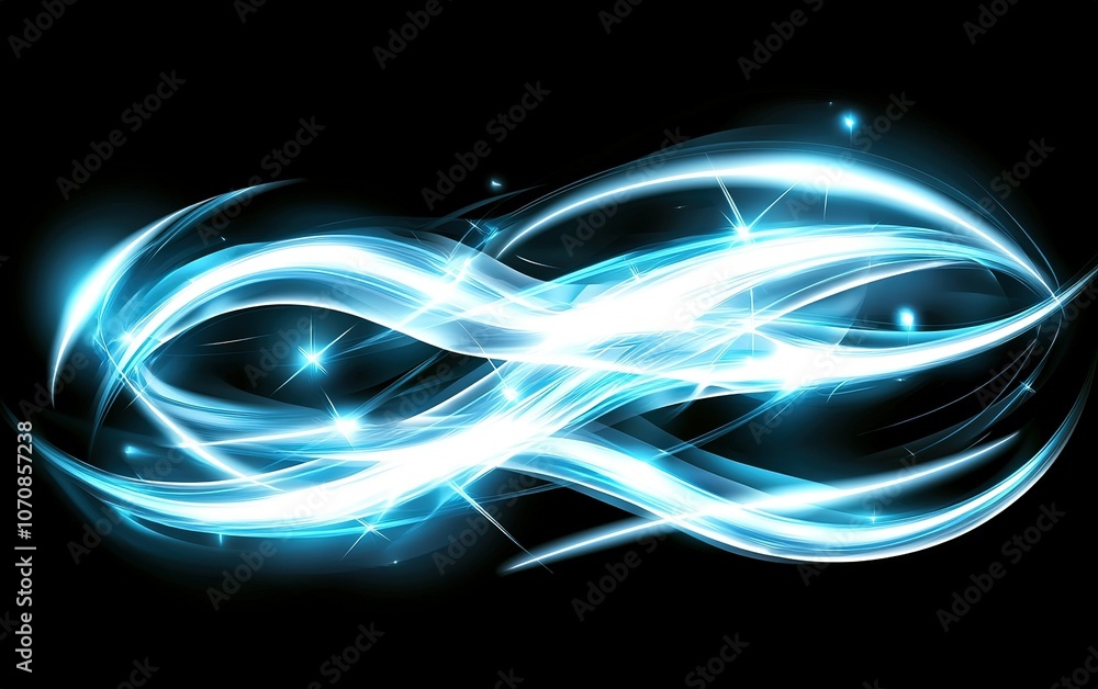 Poster abstract glowing blue wave pattern with sparkling elements on a black background at night