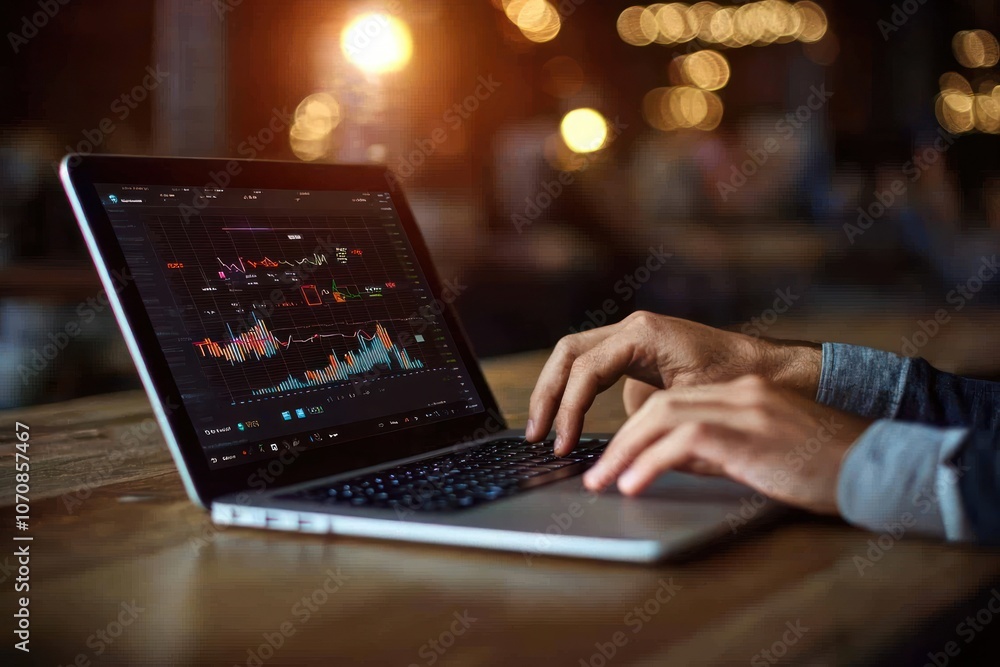 Poster person using laptop to analyze financial data and charts